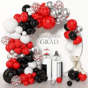 Amandir 153pcs Red Black and White Balloon Arch Garland Kit Different Sizes 18 12 10 5inch Silver Latex Metallic Confetti Graduation Balloons for Birthday Wedding Movie Night Casino Party Supplies