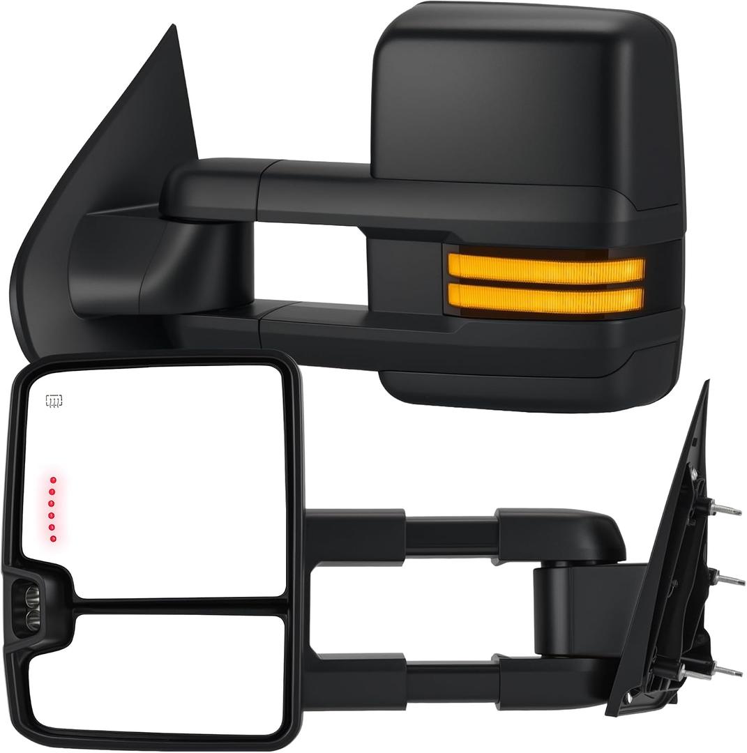 Tow Mirrors Compatible with 2014-2018 Chevy Silverado GMC Sierra, Sequential Switchback Turn Signal, Backup/Arrow Light, Power Heated, Dual Glass, Manual Telescoping Folding, Black Housing