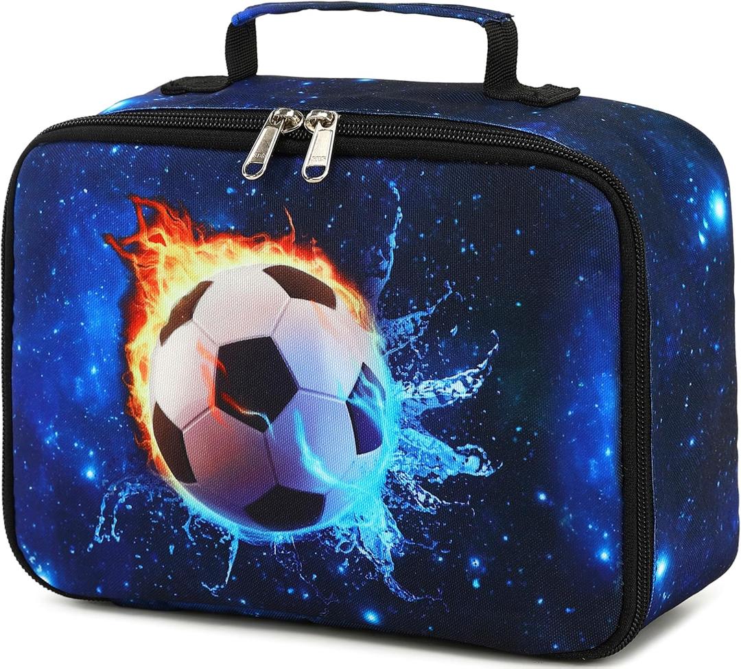 Kids Soccer Lunch Box Boys Girls Insulated Lunch Cooler Bag Reusable Lunch Tote Kit for School Travel (Soccer Blue)