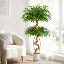5ft Large Ficus Artificial Trees in White Pot, 60" Tall Fake Silk Tree with Natural Curved Trunk, Lush Faux Ficus Tree for Indoor Home Decor, Living Room, Office & Patio (Green)