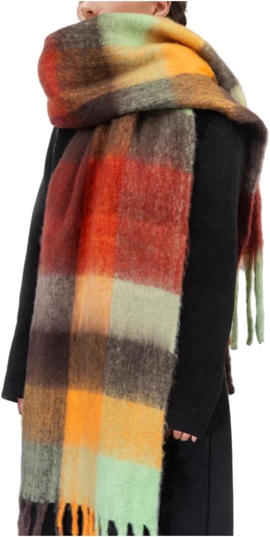 Womens Scarf Winter Big Colorful Checked Thick Warm Soft Scarves Casual Tassel Blanket Scarf