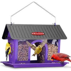 Kingsyard Bird Feeder for Outdoors Hanging, Dual-Use Metal Mesh Wild Bird Feeders with Seed Tray & Weatherproof Roof, 3 lbs Large Capacity, Purple