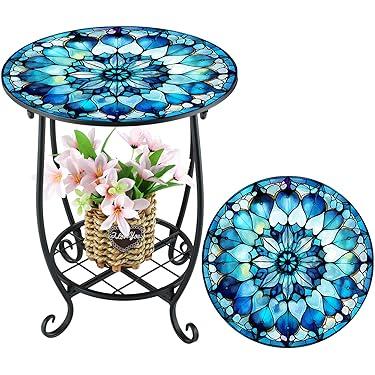 Cinnvoice 14" Outdoor Side Table Round Small Mosaic Patio Accent Indoor End Plant Metal Coffee Tea Table for Yard Porch Garden Patio Living Room, Bedroom(Mandala Flower Style, 14")