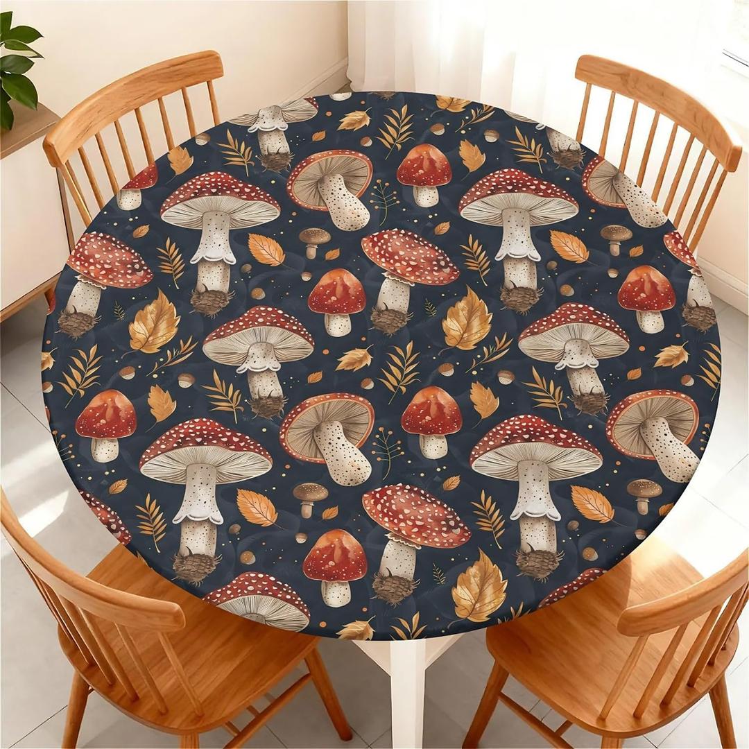 Round Fitted Tablecloth with Elastic Edge, Waterproof Stain Resistant Fabric Table Cover for 49"-52" Round Table, Indoor Outdoor Dining, Kitchen Decor, Camping, Party, Holiday, Mushroom