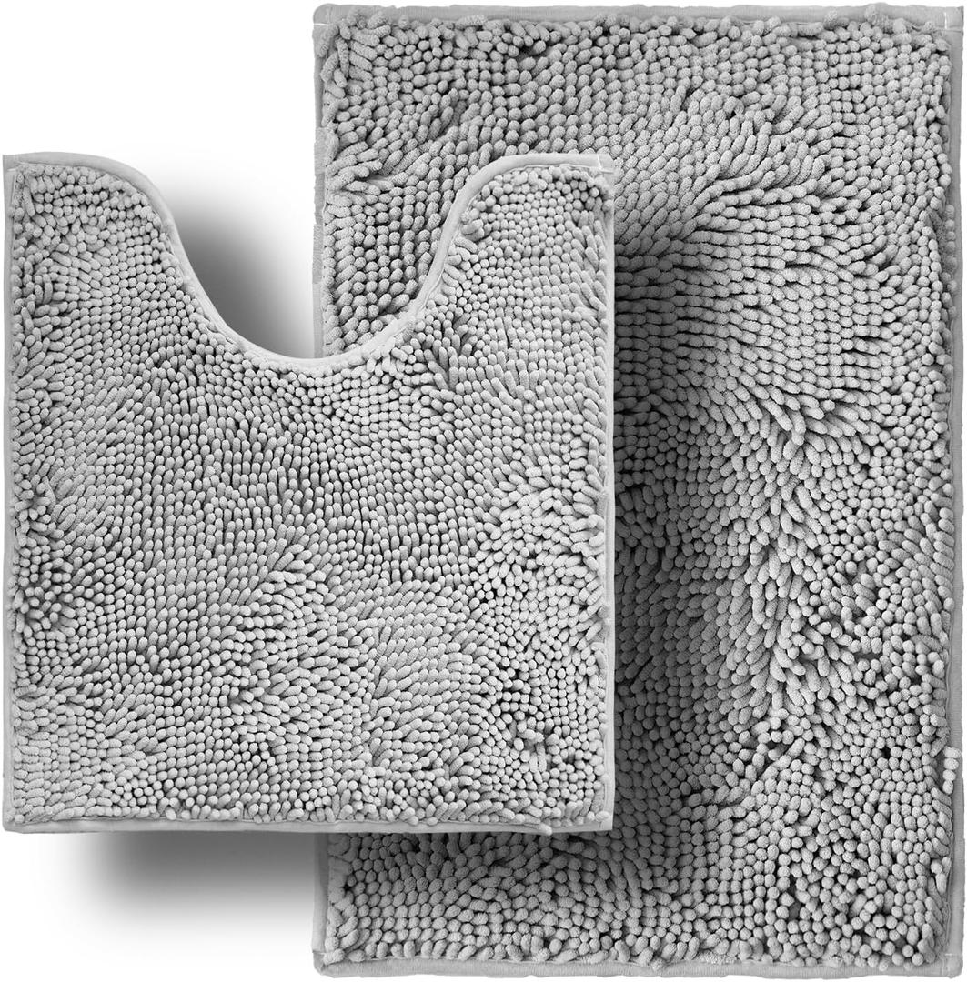 Bathroom Rugs Sets 2 Piece, Super Absorbent Soft, Thick, Machine Washable Chenille Bath Mat, Non Slip Toilet Floor Rug,nBath Mats for Bathroom, 20x32 Plus 20x20 U Shape, Light Grey