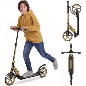Skidee Adult & Teen Scooter Adjustable Height, Folding, Large Wheels, Lightweight, Durable, Anti-Shock Suspension, Up to 220 lbs