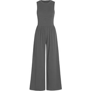 CIDER Jumpsuits for Women Sleeveless Wide Leg Overalls Dressy Crewneck One Piece Jumpsuits with Pockets Summer Fall, Small
