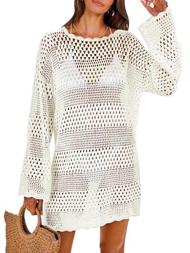 ANRABESS Women Swimsuit Crochet Swim Cover Up 2025 Summer Bathing Suit Swimwear Mesh Knit Beach Dress Vacation Outfits Cream White XLarge
