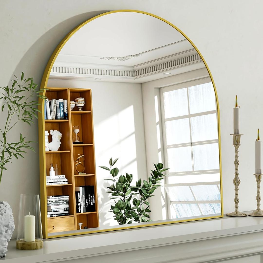 Arched Bathroom Mirror, 32x34 Inch - Wall Mounted Vanity Mirror with Aluminum Alloy Frame - Ideal for Living Room, Bedroom, Bathroom, and Entryway, Hanging or Leaning, Gold