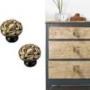 2 Pack Brass Cabinet Knobs Antique Floral Pattern Cupboard Knobs Metal Drawer Knobs Solid Brass Kitchen Hardware Black Round Knobs Handles for Cabinet Drawer Wardrobe (Single Hole, Black) (Single Hole, Black)