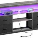 Huuger TV Stand Dresser with Power Outlets and LED Lights, 4 Drawers Entertainment Center with Shelves, 54in Media Console for 55 60 Inch TV, Dresser with PU Finish, Grey and Black