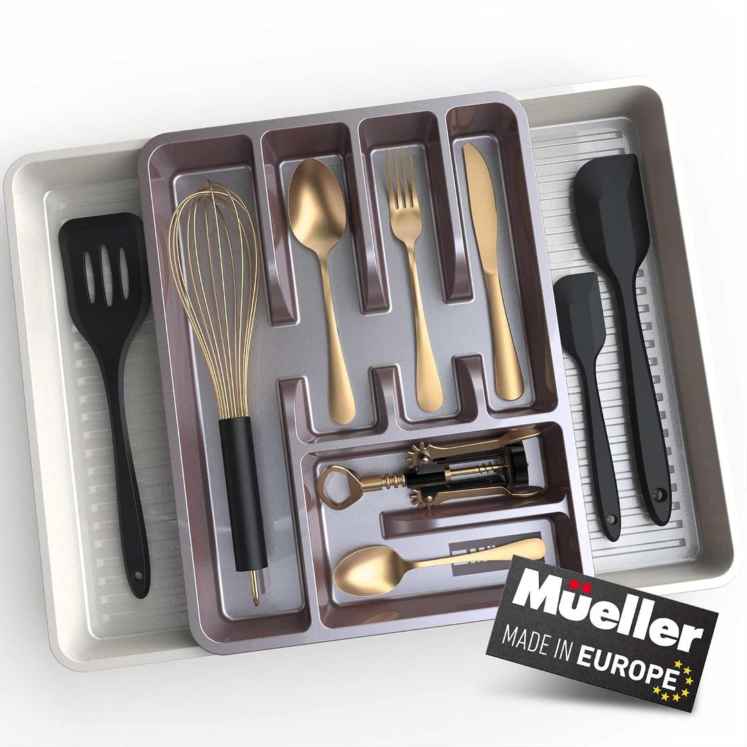 Mueller Flatware Kitchen Drawer Organizer, 19.7" x 15" Silverware Organizer, 6 Compartments, Heavy-Duty, Cutlery Tray for Utensils or Stuff, Dining Room, Living Room, Large, Beige Mocha