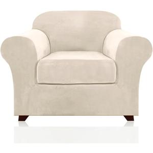 PrinceDeco Velvet Plush Couch Cover Stretch 2 Piece Chair Cover Chair Slipcover Washable Furniture Protector Couch Soft with Elastic Bottom Armchair Cover Width Up to 49 Inch(Small, Ivory)