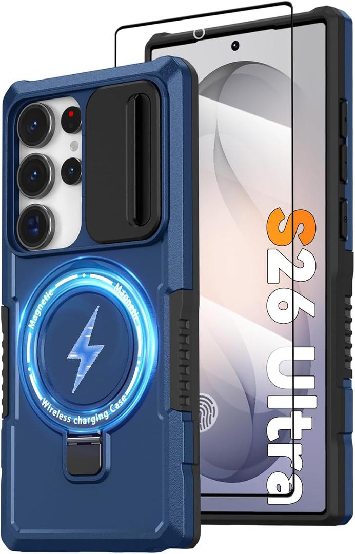 Magnetic Case for Samsung Galaxy S26 Ultra with Ring Stand [Screen Protector] [Compatible with MagSafe Wireless Charging] Military Grade Shockproof Case with Camera Cover for Samsung S26 Ultra, Blue