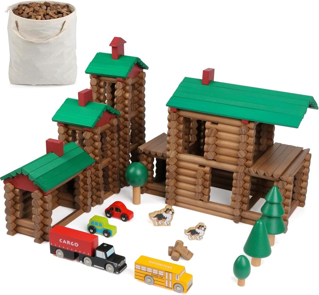 Wondertoys 456Pcs Big Villa Wooden Log Set Real Wood Logs Classic Building Log Ages 3+ Best Retro Building Gift Set Creative Construction Engineering Educational Gifts