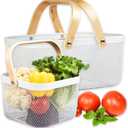 Cheardia 2 Pack Picnic Baskets, Metal Mesh Harvest Basket with Foldable Wooden Handle, Rectangle Garden Storage Basket Bin for Vegetable Fruit Garden Kitchen Cabinet Picking Gathering, White