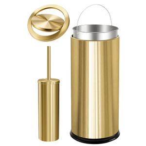 Maxdot 2 Pcs 8 Gallon/30 L Gold Bathroom Trash Can with Flip Lid and Toilet Brush Set, Large Luxury Stainless Steel Garbage Trash Can Wastebasket Bin for Commercial Office Hotel Bathroom Shopping Mall