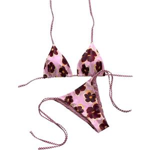 BEAUDRM Women's Y2k Reversible Bikini Set Floral Striped Thong Swimsuit (Pink, M)