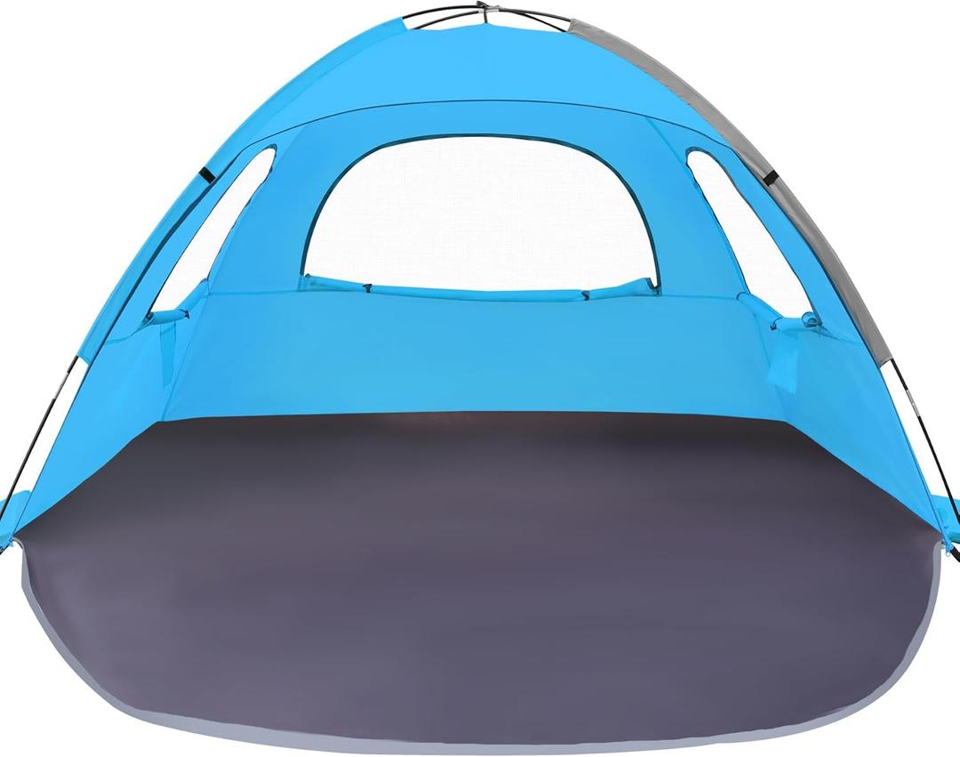 WhiteFang Beach Tent Anti-UV Portable Sun Shade Shelter for 3/4/6/8 Person, Extendable Floor with 3 Ventilating Mesh Windows Plus Carrying Bag, Stakes and Guy Lines (3 Person, Blue)