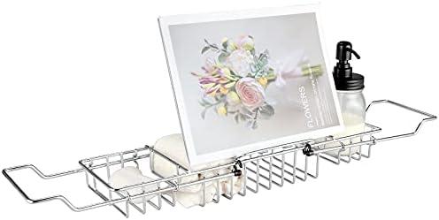HOMEE Bathtub Tray - Stainless Steel Shower Caddy Tray with Removable Book Holder, European Style Extendable Bathtub Caddy Tray for Shower Bath Phone IPad Book Holder Candleholder Table Shelf - Sliver
