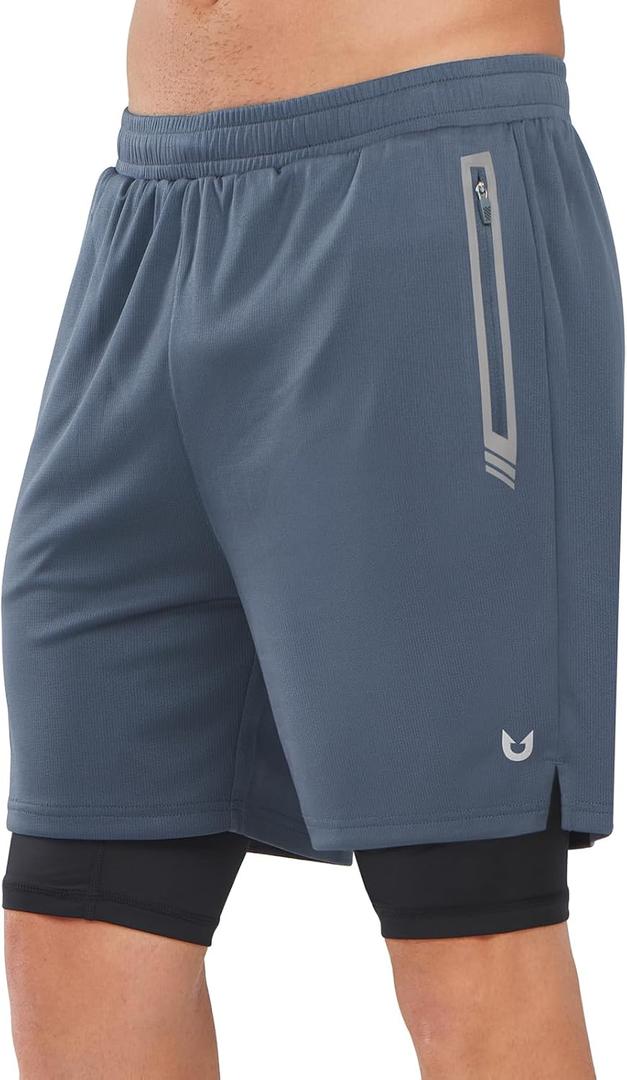 NORTHYARD Men's 2 in 1 Running Shorts Workout Gym Athletic Shorts with Liner Active Training Shorts with Zipper Pockets (Coolgrey)