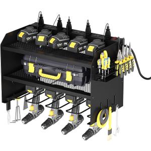 AZERPIAN Power Tool Organizer Wall Mount with Charging Station 3 Layer Heavy Duty Metal Tool Storage Rack with 4 Cordless Drill Holder Utility Rack with 8 Power Strip,Black