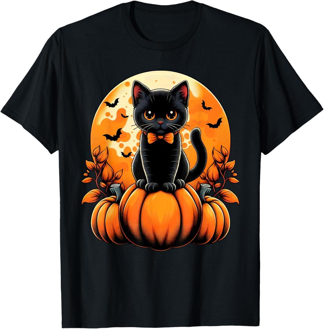 Retro Black Cat Pumpkin Halloween Costume Fall Autumn Season T-Shirt, Small