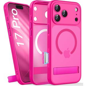 BXYJY for iPhone 17 Pro Magnetic Case with Kickstand, Camera Control, Compatible with MagSafe, Full Lens Protection, Military Grade Shockproof, Translucent Slim Thin Cover for iPhone 17 Pro, Hot Pink