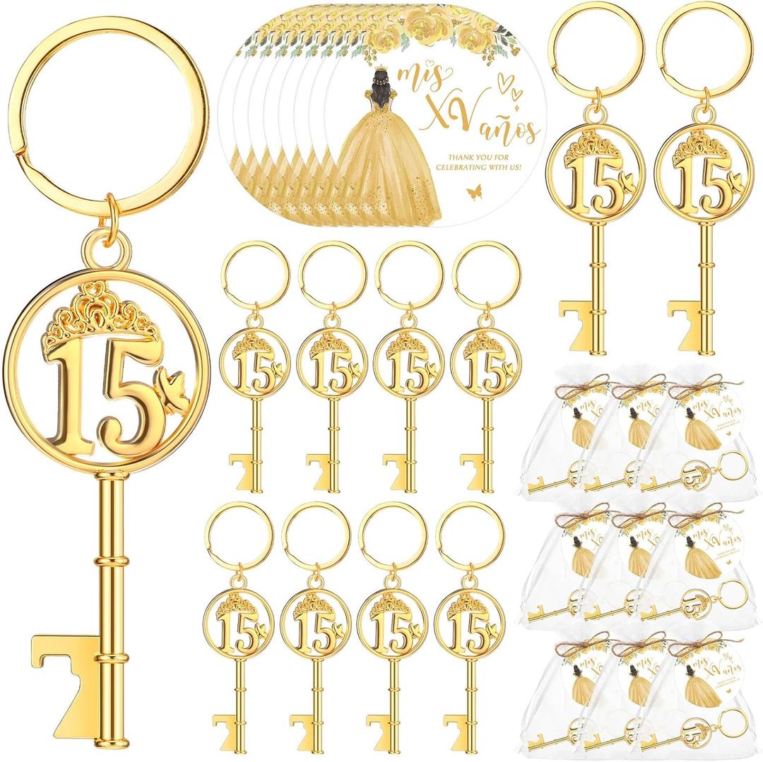 Sliner 50 Sets Quinceanera Party Favors for Guests 15 Birthday Keychain 15 Years Old Bottle Opener Thank You Tags Quinceanera Gift Birthday Quince Party Souvenirs for Girl Adults (Gold)