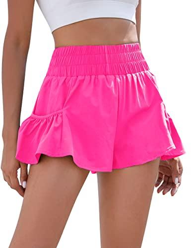 BMJL Womens High Waisted Shorts Athletic Running Shorts Workout Gym Quick Dry Flowy Shorts with Pockets (M, Hot Pink)