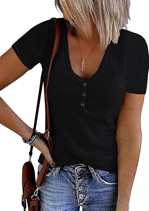 MEROKEETY Women's Summer Short Sleeve V Neck T Shirts Casual Ribbed Button Henley Knit Tops Blouse, Small Size, Black Color