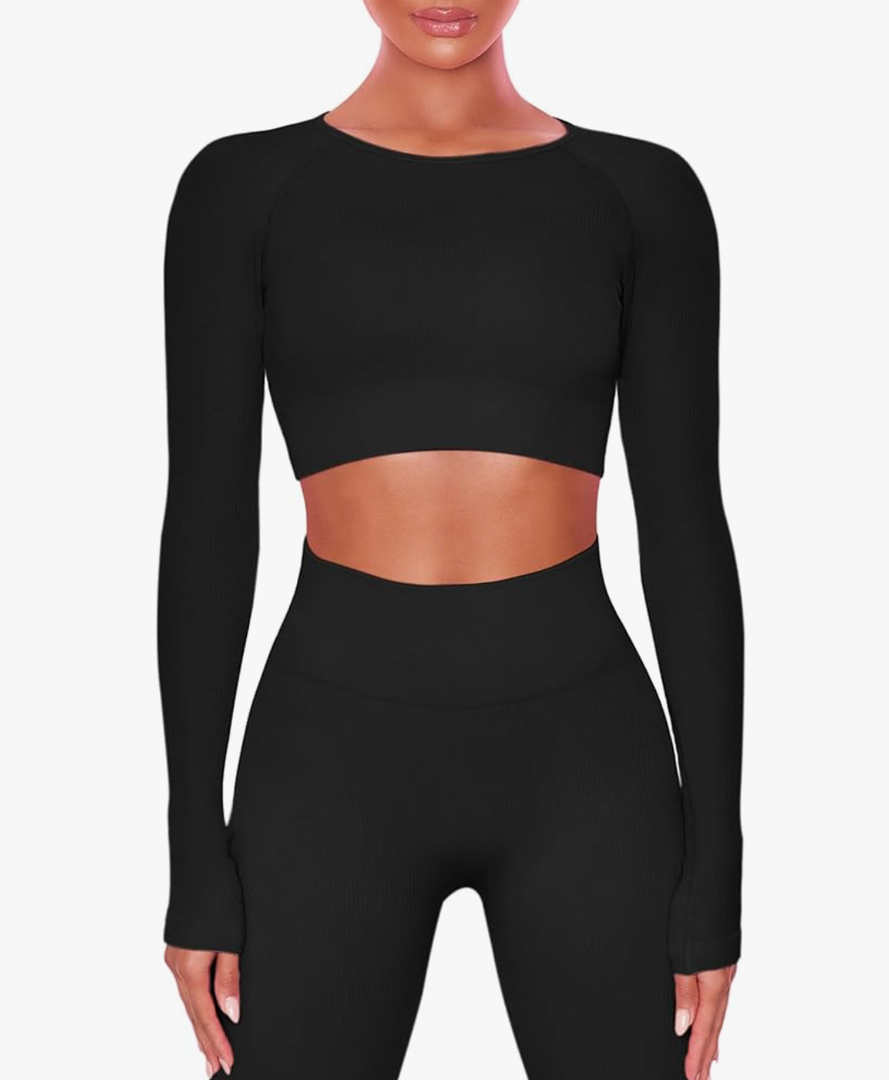 Buttergene Women Workout Sets 2 Pieces Long Sleeve Yoga Outfits Gym Clothes Seamless Ribbed Crop Top High Waist Leggings S