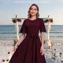 Bbonlinedress Women Midi Vintage Cocktail Party Tea Dress Short Sleeve Formal Wedding Guest Church Modest Dress (Medium, Burgundy)