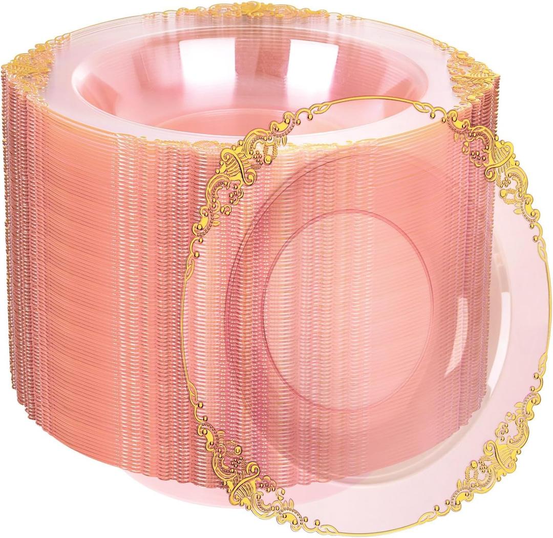 100PCS Clear Pink Plastic Bowls - 12 oz Pink Gold Disposable Salad Bowls - Heavy Duty Disposable Soup Bowl - Fancy Plastic Ice Cream Bowl for Weddings Parties Dinners Picnics