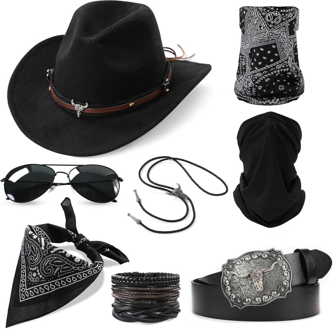 Western Cowboy Costume Outfit for Men Cowboy Hat Belt Neck Gaiter Face Cover Accessories for Halloween Party Cosplay (Black)