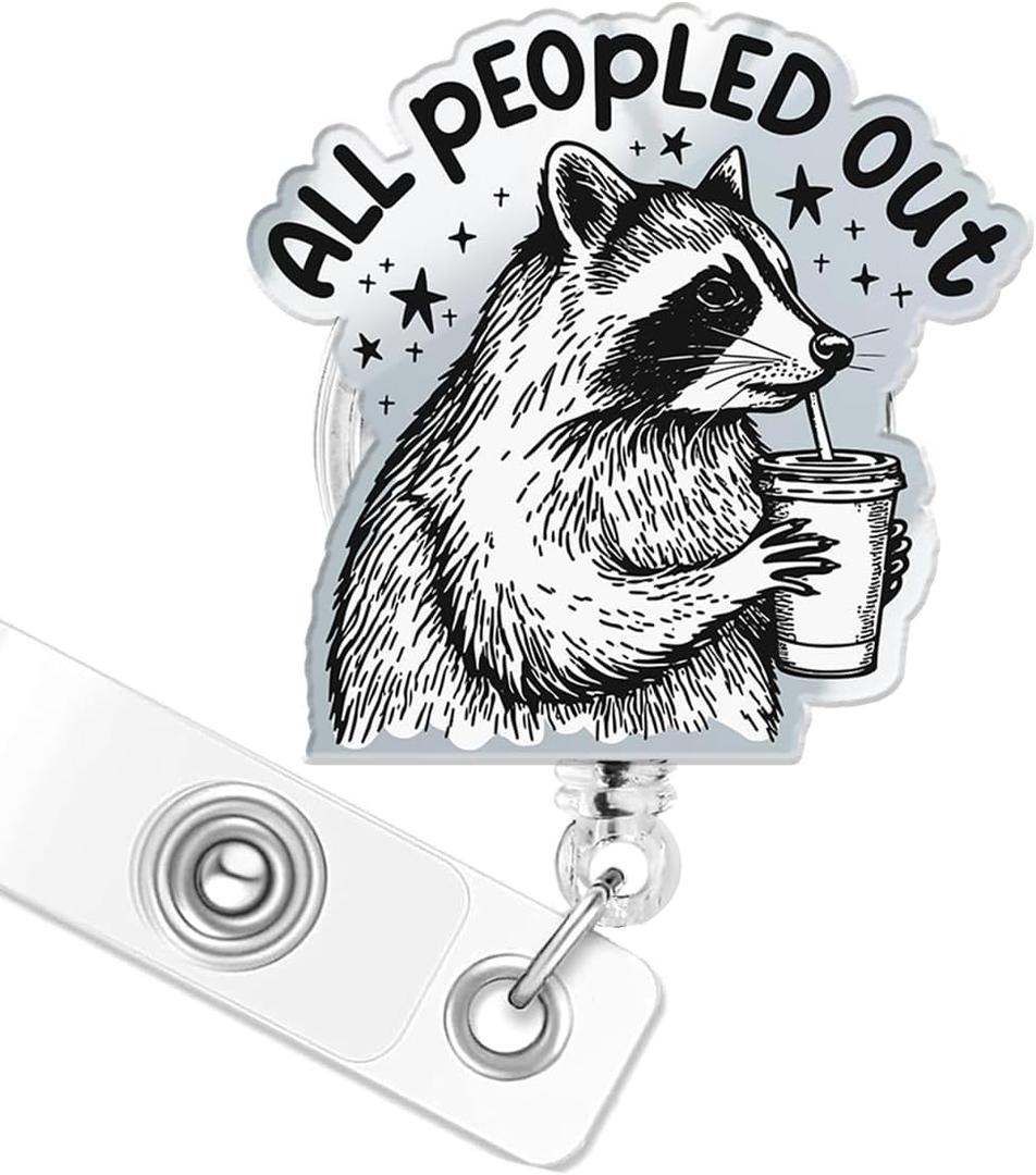 2 x Funny Badge Reel Badge Reel Retractable Mental Health ID with Clip, Racoon Badge Holder for Nursing Students RNs CNAS Doctors Staff Social Worker (All People Out)