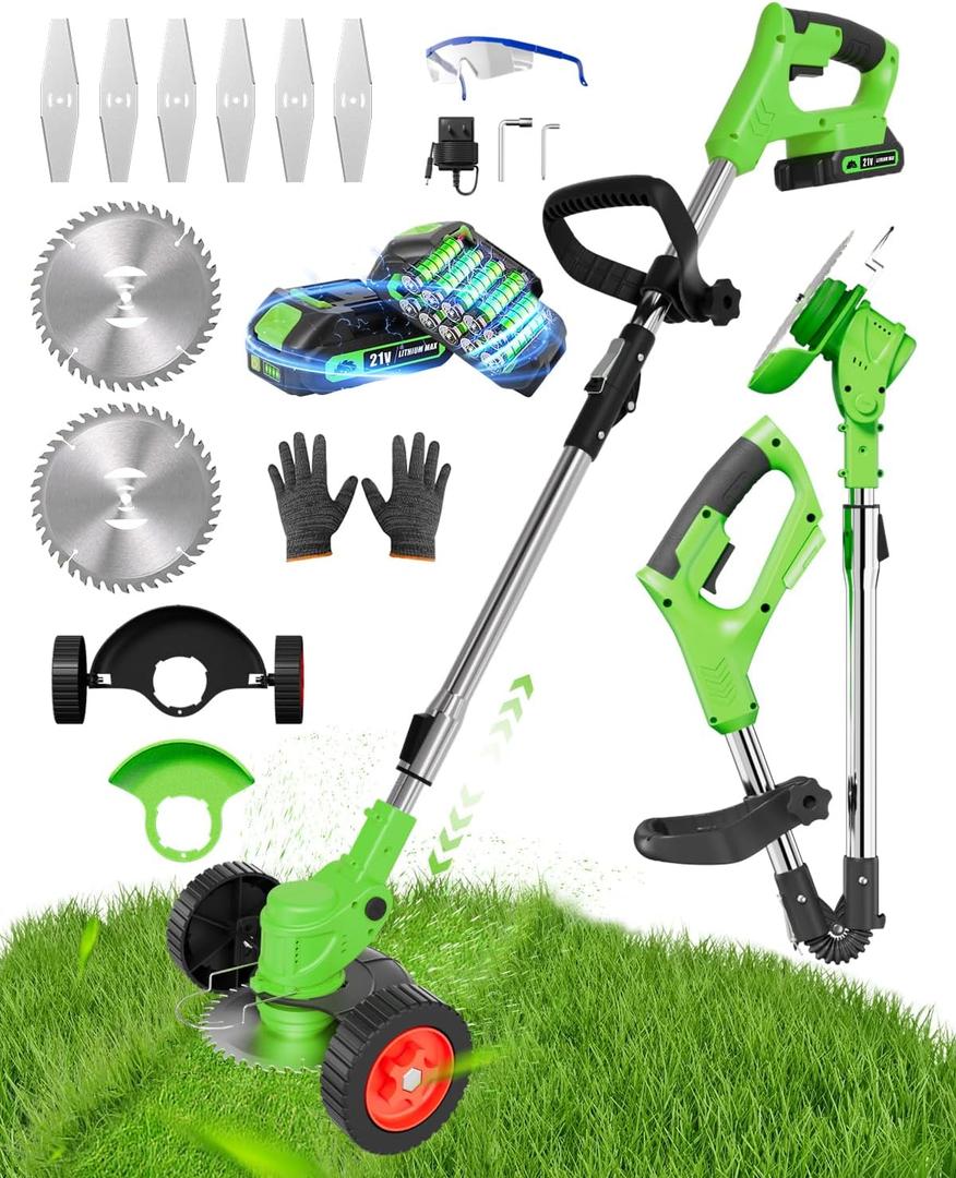 Cordless Weed Wacker, 2-in-1 stringless Weed Wacker, Foldable 2.0Ah Battery Powered Weed Trimmer Stringless Grass Trimmer/Edger Lawn Tool for Yard Lawns Garden