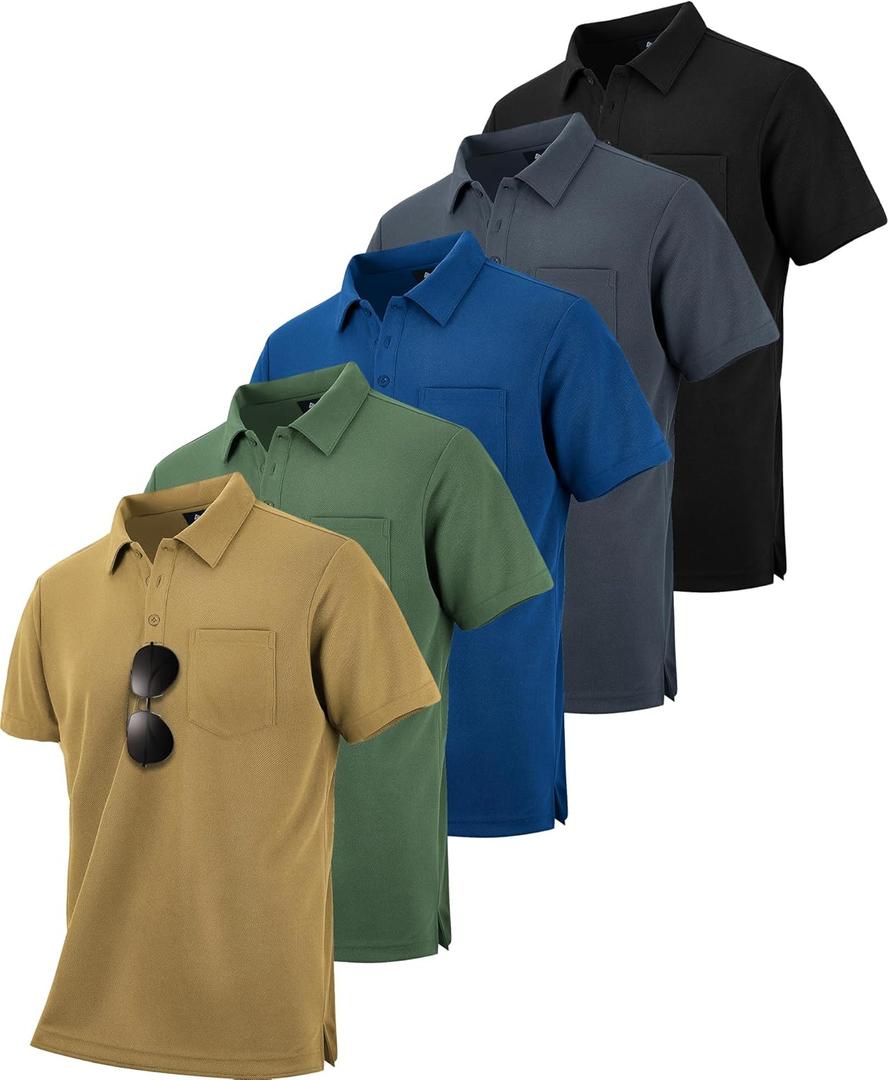 ZITY 5 Pack Polo Shirts for Men with Pocket Dry Quickly Short Sleeve Athletic Outdoor Work Collared Shirts (Large, Black+ grey+ royal Blue+ army Green+ khaki, L)