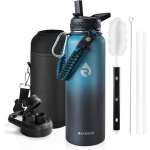 Insulated Water Bottle 40 oz, Triple Wall Vacuum Stainless Steel (Cold for 48 Hrs), Leak Proof & Non-BPA, Modern Water Flask Jug with Paracord Handle & Straw Spout Lids, Indigo/Black (40 Ounces)