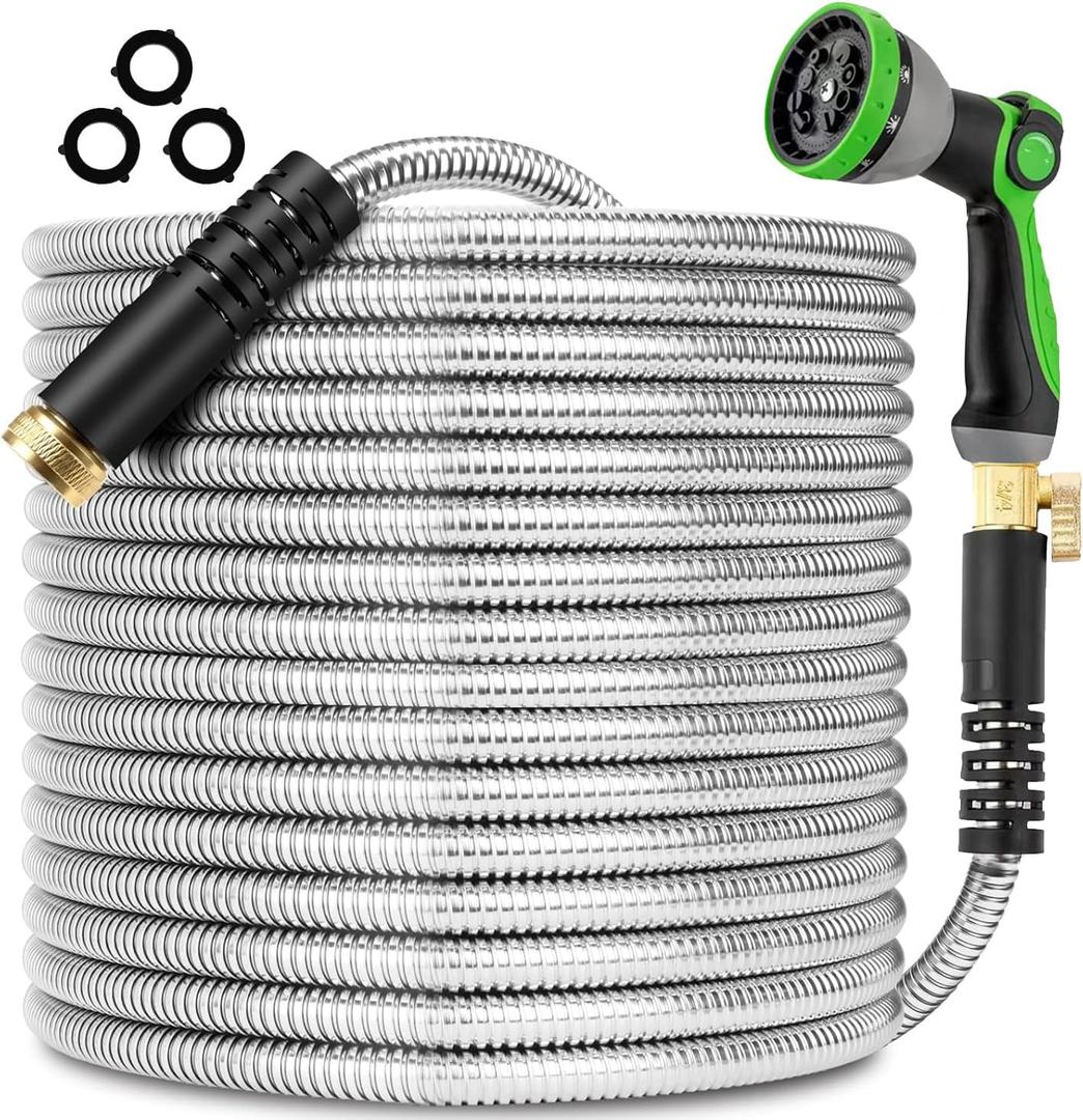 200FT Metal Garden Hose 304 Stainless Steel Flexible Water Hose - No Kink & Tangle Heavy Duty Pipe with Nozzle, Durable 3/4 Metal Fittings and Valve - Rust Proof Puncture Proof for Yard Lawn (200FT, Silver)