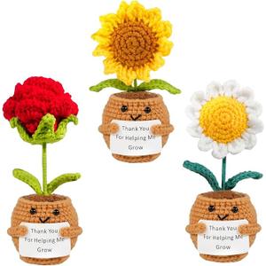 xbaiyanr 4 Pcs Positive Sunflower Crochet with Card Thank You for Helping Me Grow,Valentines Day Gifts for Teachers Teacher Birthday Thank You Gifts(Sunflower)