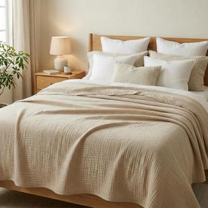 100% Cotton Ultra Soft Muslin Blankets for Adults, 6-Layer Lightweight King Size Blanket for Bed, Pre-Washed Breathable Gauze for Bed Layering, All Season Comfort, Linen Beige 108"x90"