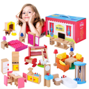 Premium Wooden Dollhouse Furniture Set –49PCS, 7 Rooms– Doll House Furniture and Accessories Set