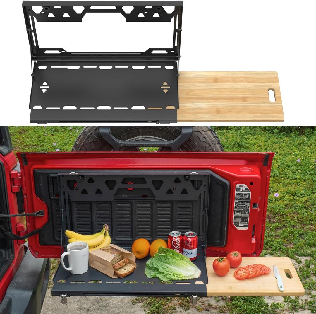 Tailgate Table for 2018-2026 Jeep Wrangler JL JLU 2/4 Door, Foldable Rear Cargo Table with Extra Solid Bamboo Extension Board, Heavy-Duty 88 lb Support, Camping Overland Rear Storage Accessories