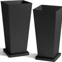 WORTH Garden Large 28 in.Tall Planters Set of 2 for Indoor and Outdoor, Heavy Duty Plastic Black Modern Taper Flower Plant Pots with Drainage Hole and Dual-Purpose Tray for Front Porch, Patio