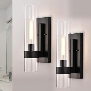Indoor Wall Sconces Set of Two, Modern Black Bathroom Sconces Wall Decor with Cylinder Glass, Wall Lamps for Bedroom Hallway Vanity Kitchen Lighting Fixtures Set of 2