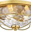 15 Inch Flush Mount Ceiling Light, HWH 3-Light Modern Close to Ceiling Light Fixtures Brushed Gold Finish for Kitchen Porch Foyer with Hammered Water Ripple Glass, 5HTJ102WG-F BG