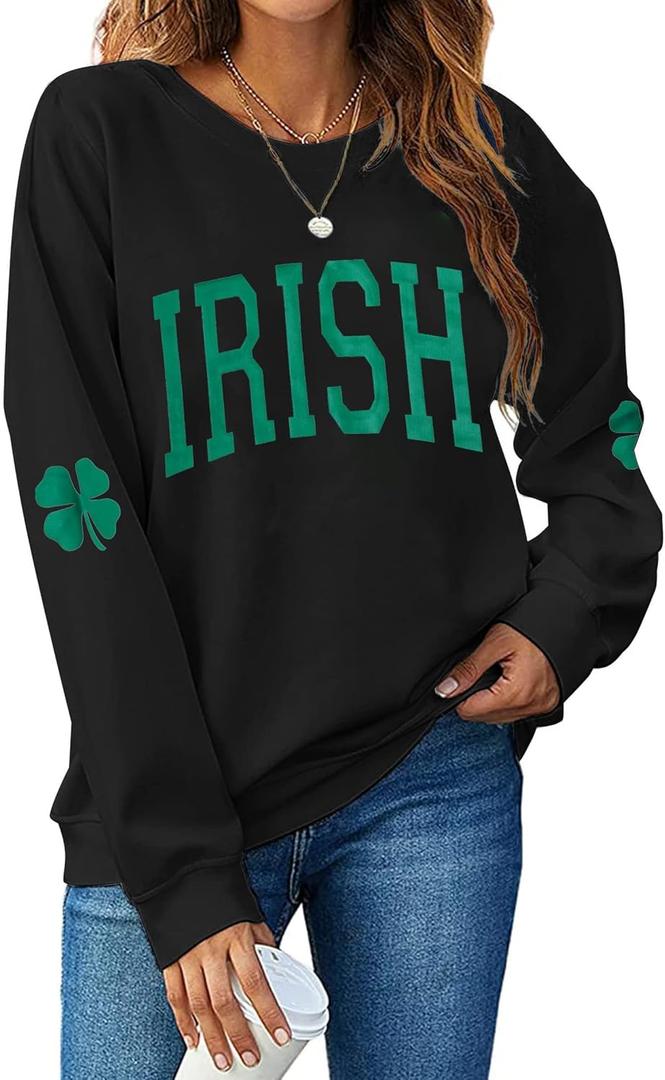 Women St. Patrick's Day Sweatshirts Shamrock Clover Print Shirts Casual Irish Gift Long Sleeve Loose Fit Tops (Medium, Black)