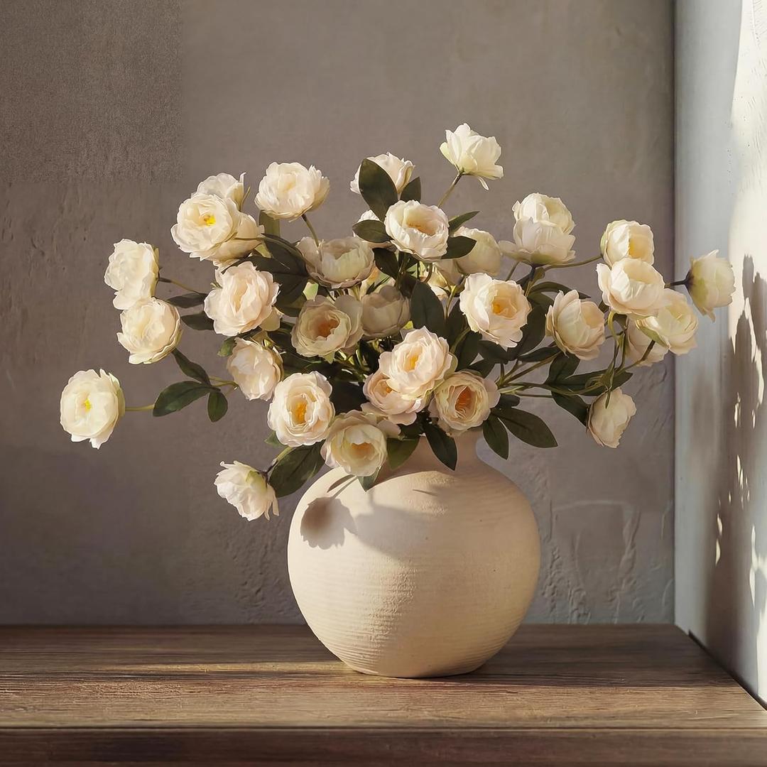 6 Pcs Artificial Peonies Stems Flowers 32", Real Look Large Faux Silk Peony Bouquet 42 Heads Total for Vase Filler, Farmhouse & Rustic Home Decor, Realistic Wedding Centerpieces - Beige