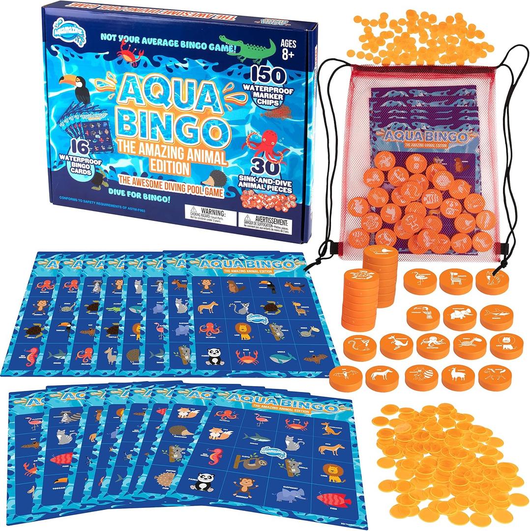Pool Bingo Diving Game for Kids- Summer Party Fun Edition - Dive & Call 30 Sinking Animal Themed "Numbers", Fill Your Card- 150 Marker Chips &16 Double Sided Waterproof Play Cards & Bag, Xmas Gift